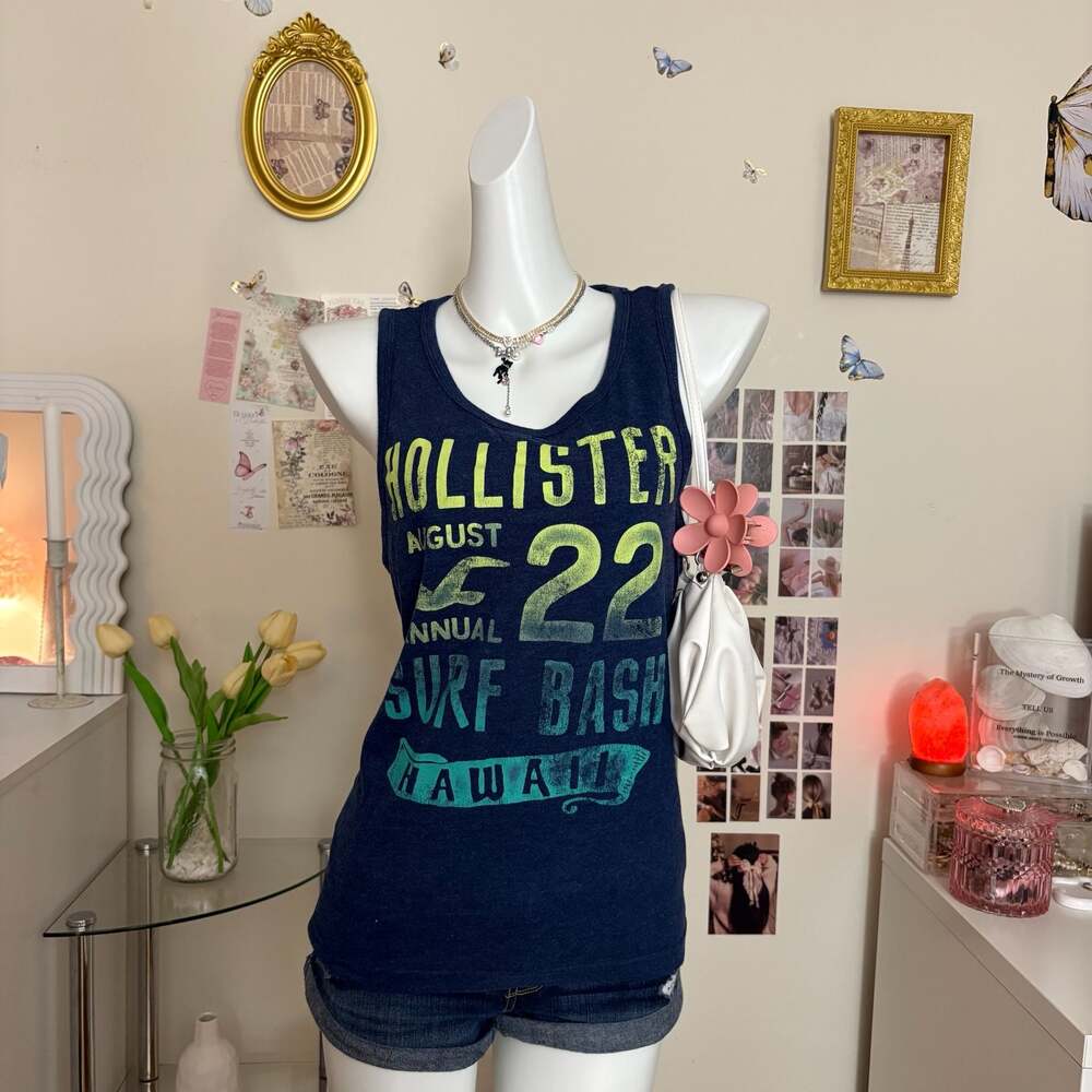 Vintage Y2K Hollister Navy Blue Tank Top Women Size Small Hawaii Surf Graphic Sl